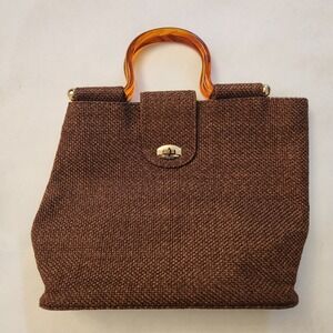 Vintage Julius Resnick Woven Burlap Tortoise Lucite Handle Twist Lock